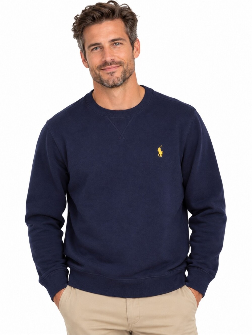 Polo Ralph Lauren Men's Navy Fleece Crewneck Sweatshirt Yellow Pony S